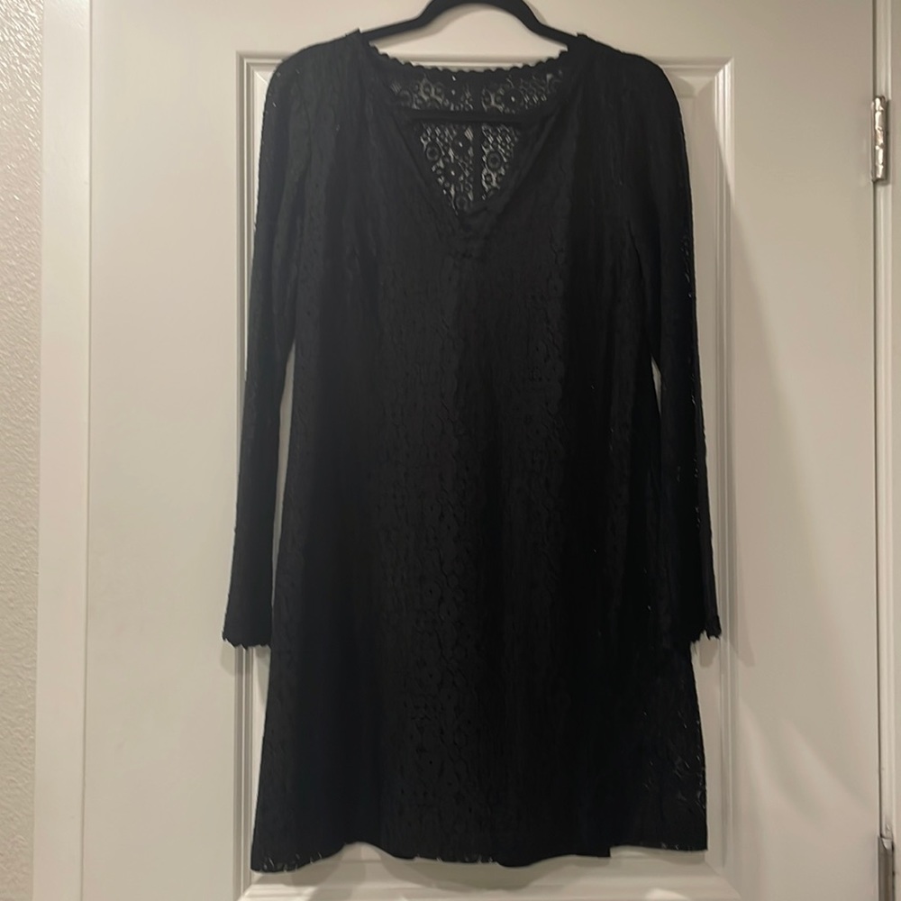 TRINA TURK Black Eyelet Lace Overlay Bell Sleeve SZ 8 Cocktail Party Dress